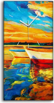 Produktbild von Wanduhr Bürouhr Leinwand Bild Kunstdruck 30x60 Gemälde See Hafen Boot Himmel - weiße Hände