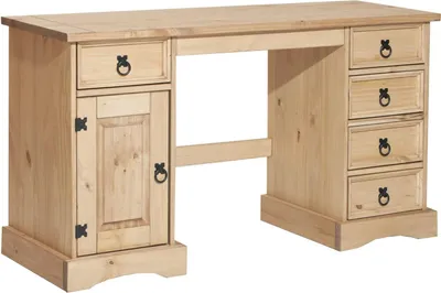Produktbild von Möbilia Schreibtisch mit 5 Schubladen, 1 Tür | Kiefer-Holz honigfarbig | B 140 x T 48 x H 76 cm | 19020033 | Serie SCHREIBTISCH