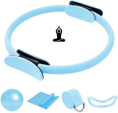 Obrázok produktu pre Sada Unyqoos® Pilates – Kompletná tréningová sada obsahujúca pilatesový loptu (25 cm), jogový kruh (23 x 12 cm), pilatesový kruh (36 cm), odporové gumy (150 x 15 cm) a pomocný pás (183 x 3,8 cm) pre domáce cvičenie