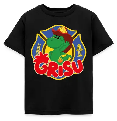 Produktbild von Spreadshirt Grisu Der Kleine Drache Als Feuerwehrsymbol Kinder T-Shirt, 110/116 (5-6 Jahre), Schwarz
