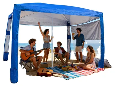 Produktbild von VEVOR Strandcabanas, 2,4 x 2,4 m Strandüberdachung mit Seitenwand, UPF 50+ Schutz, einfach aufzubauendes Cabanazelt mit Sandtaschen, höhenverstellbarer tragbarer Schatten-Sonnenschutzschirm für die Familie, marineblau gestreift, 240x240 cm-d, Dunkelblau