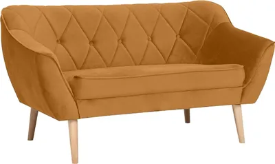 Zdjęcie produktu dla BETTSO Modna tapicerowana sofa 2-osobowa w stylu skandynawskim na drewnianych nogach z eleganckimi przeszyciami CARO 2 Żółta Miodowa