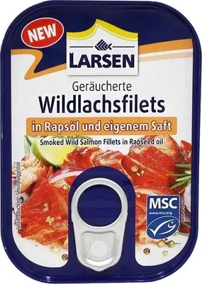Produktbild von LARSEN Geräucherte Wildlachsfilets in Rapsöl und eigenem Saft MSC 110g