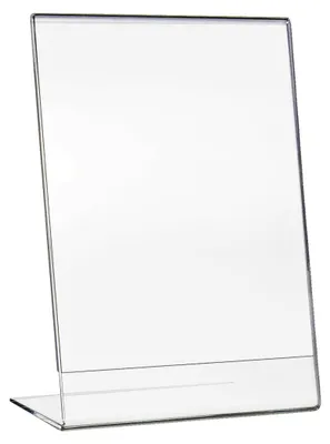 Tischaufsteller als L-Ständer in DIN A5 aus Acryl für Menükarten im Hochformat von HMF