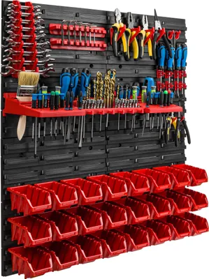 Obrázek produktu pro Skladovací systém Dílenské regály | 78 x 78 cm | 24 ks. Box | Nástěnný regál s držáky na nářadí a stohovatelnými boxy - Nástěnné desky Extra silné regály s přihrádkami Nástěnná deska s otvory pro nářadí Skladovací regál Garážový regál