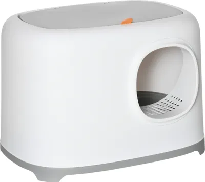 A white and gray cat litter box with a gray base and a small orange accent on top.