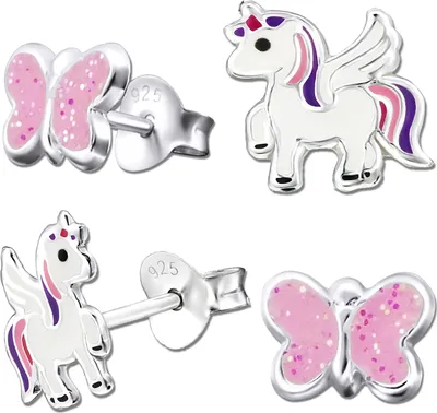 Produktbild von 2x Ohrringe echt 925 Sterling Silber Ohrstecker  rosa Einhorn Pferde Glitzer für Kinder Mädchen Pegasus K200 + Schmetterling Nr.1