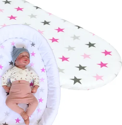 Produktbild von BABYLUX Spannbettlaken Rosa Sterne 100% Baumwolle 75-85cm x 30-40cm für Kinderwagen & Stubenwagen Extra weich mit Rundumgummi waschbar 30 Grad
