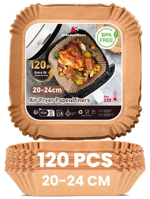 Produktbild von KitchenBoss Backpapier für Heißluftfritteuse: 120 Stück Airfryer Backpapier Quad