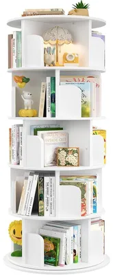 Immagine prodotto di Libreria girevole a 5 ripiani, in legno bianco, con rotazione a 360°, ideale come organizer angolare per piccoli spazi