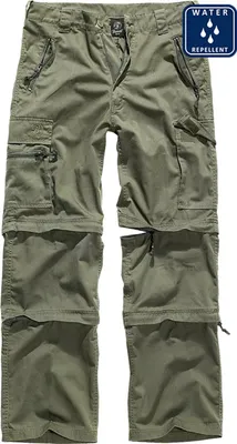 A pair of green cargo pants with zip-off legs.