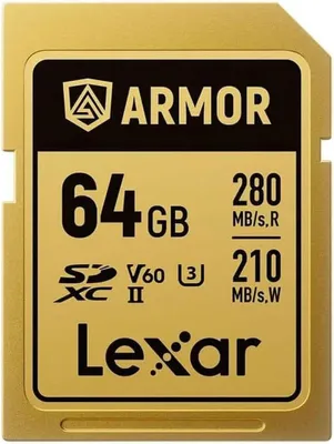 Produktbild von LEXAR SDXC Pro Gold Series ARMOR UHS-II 64GB V60 IP68 Edelstahl R280/W210 Karte