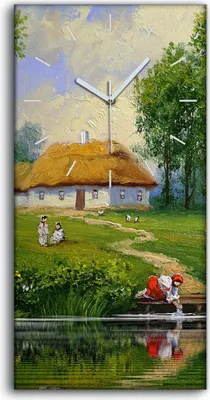 Produktbild von Wandbild Leinwand Bilder mit Uhr 30x60 Dorfbewohner Hütten Bäume Wasser - weiße Hände