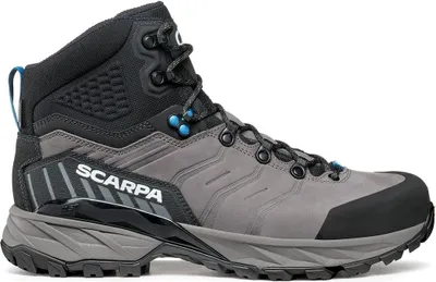 Graue Wanderschuhe "Rush Trek Pro GTX" von Scarpa mit schwarzem Obermaterial und blauen Akzenten.