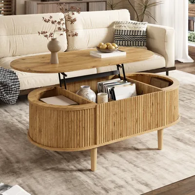 Produktbild von MODFU Couchtisch oval Wohnzimmertisch mit Wellenoptik,Beistelltisch höhenverstellbar Sofatisch mit Stauraum,Kaffeetisch funktional, MDF+Kiefernholz,Eiche