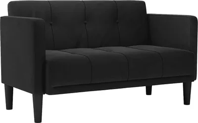 A black two-seater sofa is shown against a white background.
