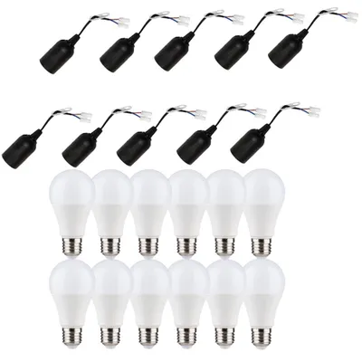 Produktbild von 12 x LED Leuchtmittel A60 9W = 60W E27 matt 820lm warmweiß + 10 x Baufassung Lampenfassung Renovierfassung E27 schwarz mit Steckklemme