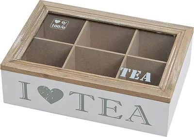 Produktbild von Aufberahrungskiste für Teebeutel, in sechs Fächer unterteilt, mit Sichtfenster, Holz/MDF, mit Aufschrift "I love Tea"