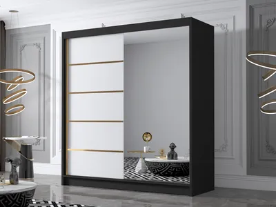Obrázek produktu pro Velká šatní skříň 180 cm se zrcadlem UVALDE - černá / bílá