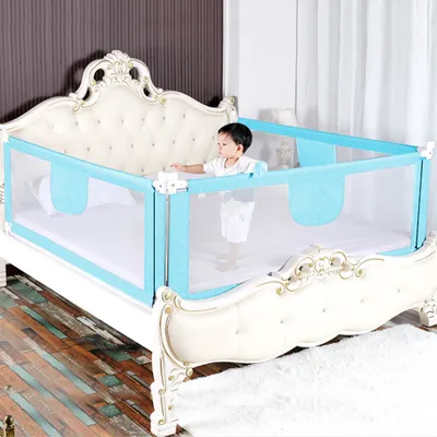 Produktbild von 180cm Baby Bettgitter Einziehbare Babybettgitter Kinder Bettgitter Bettschutzgitter Höhenverstellbar Rausfallschutz für Bett Blau
