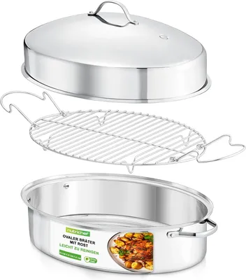 Produktbild von NutriChef Bräter mit Deckel, Bräter-52x27cm,10L- Bräter Induktion-Backofengeeignet,Bratentopf-aus Edelstahl & Antihaftbeschichtet, Ovaler Ofenbratform