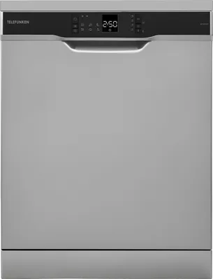 A front view of a silver Telefunken dishwasher.