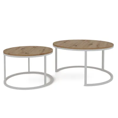 Produktbild von Idohome - Runder Couchtisch 2in1 LAVO mit Metalgestell, 80x48 cm+60x42 cm (Ø x H) Farbe: Weiß / Artisan