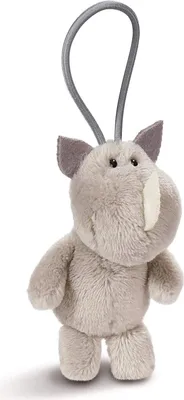A plush toy rhino with a loop for hanging.