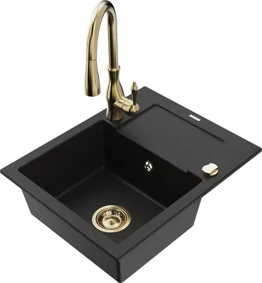 Produktbild von Mexen Enzo 1 Becken-Granitspüle mit Abtropffläche und Mischbatterie Savita, Schwarz - 6506-77-672601-50