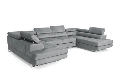 A grey sectional sofa is shown against a white background.