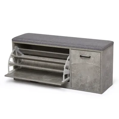 A shoe cabinet with a seat on top, shown against a white background.