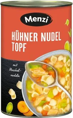 Produktbild von Menzi Hühner Nudel Topf  4200 G Dose  Proteinquelle  Mit Muschelnudeln Ausgewogen, rund