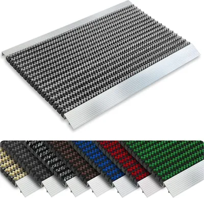 A doormat with a brush-like texture and aluminum edging, shown from a slightly elevated angle. Below the main image, a row of different colored doormats is displayed.