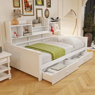 Immagine prodotto di Divano letto 90x200 cm con cassetti e scaffali, in legno massello, colore bianco
