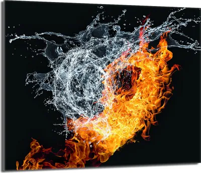 A dynamic abstract image showing a splash of water interacting with flames.
