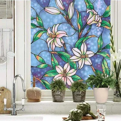 Zdjęcie produktu dla Folia dekoracyjna imitująca witraż - folia dekoracyjna - zapewnia prywatność - przylega statycznie - 45 x 300 cm - motyw: orchidea