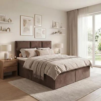 Produktbild von ELVORA DESIGNE Boxspringbett 160x200 cm SMARTCUBE mit Bonellmatratze H3 & Topper, 2 Schubladen, Braun