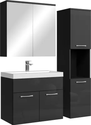 Image de Meuble de salle de bain Montreal 60 cm avec miroir armoire Noir brillant - Armoire de rangement Meuble lavabo evier Meubles