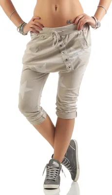 Produktbild von 167 Shirtella Damen Capri Hose Haremshose Ballonhose Pluderhose Pumphose Aladinhose Sommerhose Sternen Print Stern baggy pants 3/4 Beige