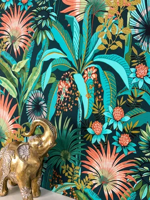 Produktbild von NEWROOM Tapete Blau Vliestapete Dschungel - Mustertapete Modern Türkis Orange Palmen Blätter Blumentapete Tropisch Dschungeltapete
