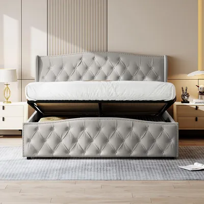 Immagine prodotto di Letto imbottito UnboxG, 140x190 cm, con contenitore, sistema di sollevamento idraulico, testiera e pediera imbottite con capitonnage a bottoni, rete a doghe in metallo e legno, tessuto in velluto, colore grigio