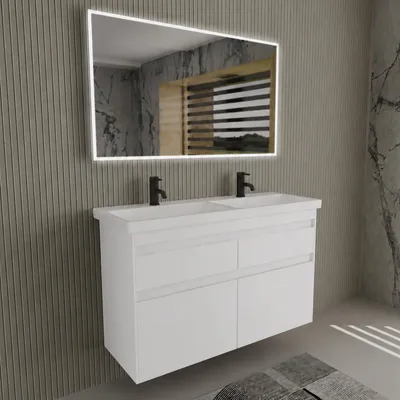Produktbild von Alpenberger Badmöbel Set mit LED Spiegel - Keramik Waschbecken mit Unterschrank - Softclose - Vormontiert - 60/80/100/120 cm