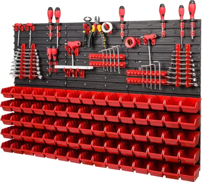 Produktbild von Lagersystem Wandregal Xxl 1158 X 780 Mm - Extra Starke Werkzeugwand Mit Stapelboxen 111 Tlg. - Rot Werkzeughalter + Rot Boxen