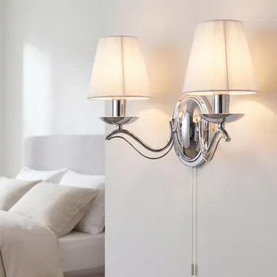 Produktbild von Wandlampe mit Zugschalter 37 cm breit Chrom Weiß 2-flammig E14 Stoff Metall Wandleuchte Schlafzimmer