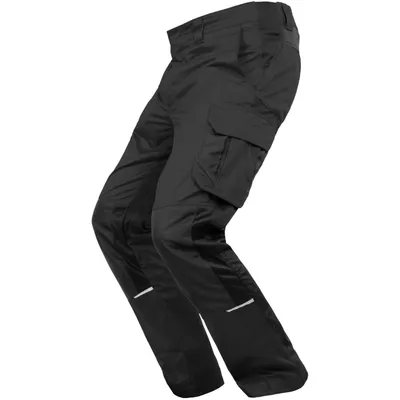A pair of black cargo pants is shown against a white background.