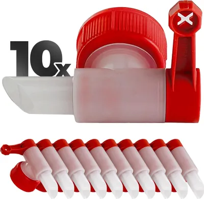 Produktbild von anaterra® Auslaufhahn - 10er Set, für 10L Kanister, mit DIN 45 Gewinde, Kunststoff, Rot/Weiß - Zapfhahn, Ablasshahn, Kanisterhahn, Dosierhahn, Camping