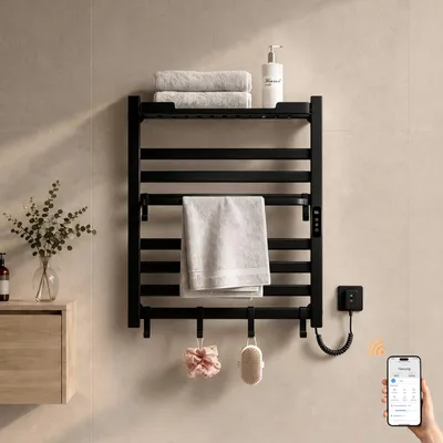 Immagine prodotto di S'AFIELINA Scaldasalviette elettrico bagno con ripiano 700 × 600 mm 233 W Nero,Termoarredo elettrico bagno WiFi con app