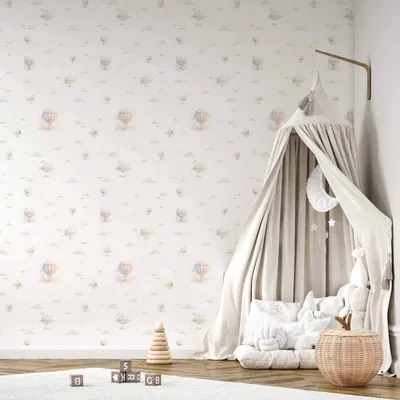 Productafbeelding van Vliesbehang - Aquarel - Kleurrijke ballonnen en luchtschepen tegen een achtergrond van kleurrijke wolken. 50x1000 cm. Geschikt voor kinderen. Artikelnummer: i-H-10001-j-a