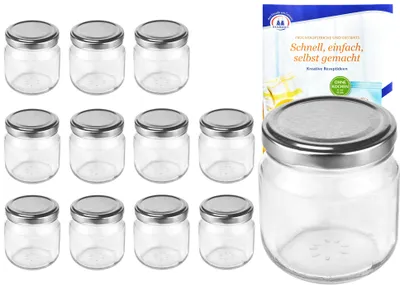 Produktbild von 12er Set Rundglas 212 ml nieder To 66 silberner Deckel Marmeladengläser Gläser incl. Rezeptheft