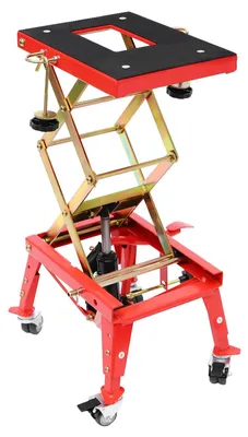 Image de Table élévatrice pour motos - Cric à ciseaux hydraulique - Capacité de charge : 159 kg - Réglage en hauteur : 30–80 cm - Roulettes et verrouillage de sécurité - Rouge